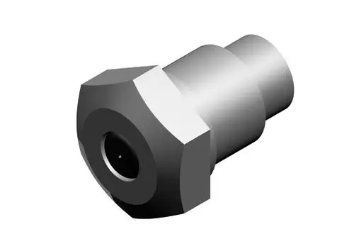 BOSCH Zünddüse in zylindrischer Form mit hexagonalem Ansatz, gefertigt aus Metall. Die Düse zeigt eine Öffnung an der Vorderseite.
